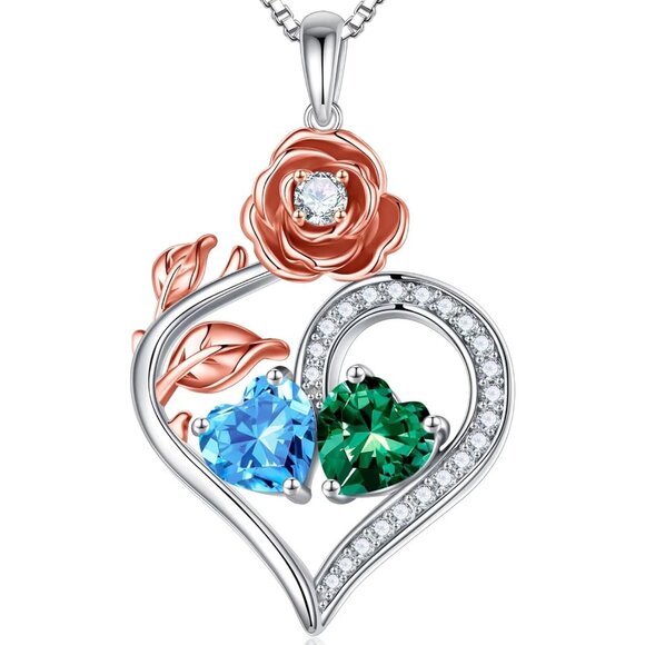 Sterling Silver Double Heart Birthstone Necklace with Rose Flower Design for Wom - Picture 1 of 7